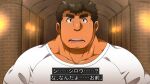  1boy bara brown_hair chest_hair facial_hair highres kengo_(tokyo_houkago_summoners) kontahsm large_pectorals looking_at_viewer male_focus mature_male muscular muscular_male shirt short_hair sideburns solo straight-on stubble subtitled thick_eyebrows tokyo_houkago_summoners translation_request upper_body white_shirt 