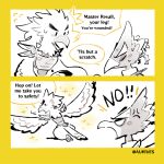  anthro aukives avian bird breath_of_the_wild chibi clothing dialogue duo feathers male male/male nintendo revali rito scarf spread_wings teba_(tloz) text the_legend_of_zelda video_games wings 