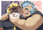  &lt;3 anthro blue_hair blush clothing cupping_chin duo felid flirting gouryou hair hi_res licho_(tas) male male/male mammal multicolored_hair overweight pantherine ptcmtr shirt suid suina sus_(pig) tank_top tiger tokyo_afterschool_summoners topwear video_games wild_boar 