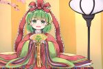  alternate_costume alternate_hairstyle bangs branch cherry_blossoms commentary_request fan flower folding_fan frilled_ribbon frills green_eyes green_hair hair_ribbon highres hinamatsuri holding holding_fan japanese_clothes kagiyama_hina kibisake kimono long_hair long_sleeves looking_at_viewer open_mouth red_kimono red_ribbon ribbon smile spiral touhou wide_sleeves 