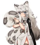  1girl absurdres animal_ears animal_print arknights belt black_cape blue_eyes blush braid bright_pupils brown_belt cape closed_mouth commentary cowboy_shot dot_nose dress english_commentary grey_hair highres klaius leopard_ears leopard_print leopard_tail long_hair long_tail looking_at_viewer pramanix_(arknights) side_braid simple_background solo standing tail tail_hug thighhighs white_background white_dress white_pupils wristband 
