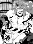  1boy abs aion_kiu bara bare_pecs bare_shoulders bead_necklace beads bottle bulge chest_tattoo demon_boy demon_horns drunk elbow_gloves facial_hair fundoshi gloves goatee horns japanese_clothes jewelry large_pectorals long_sideburns male_focus mature_male medium_hair muscular muscular_male navel necklace nipples original sake_bottle shoulder_tattoo smile solo spread_legs stomach tattoo thick_thighs thighs 