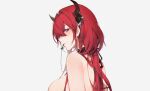  arknights blush breasts close cross gray horns hoshino_yuu_sama long_hair necklace purple_eyes red_hair signed surtr_(arknights) topless 