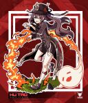  +_+ 1girl absurdres artist_name bangs bike_shorts black_headwear black_nails bright_pupils brown_eyes brown_hair character_name eyebrows_visible_through_hair fire genshin_impact ghost hair_between_eyes highres hu_tao leg_strap looking_at_viewer open_hands open_mouth solo twintails vistahero white_pupils 