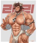  1boy 2021 abs absurdres animal_ears animal_print bara bare_pecs beard blush brown_hair bulge bursting_pecs chinese_zodiac cow_boy cow_ears cow_horns cow_print cowboy_shot facial_hair grabbing happy_new_year highres horns k_sen212 lactation large_pectorals male_focus male_lactation mature_male muscular muscular_male navel navel_hair necktie new_year nipple_tweak nipples original pectoral_grab pectorals short_hair smile solo_focus stomach suspenders thick_thighs thighs v year_of_the_ox 