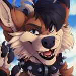  anthro black_nose blue_eyes ears_up hair howl icon leash looking_at_viewer male male/male smile solo tazara teeth tongue 