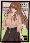 1girl absurdres belt black_skirt bra_strap breasts brown_eyes brown_hair brown_shirt character_name closed_mouth commentary copyright_name cover english_commentary english_text eyebrows_visible_through_hair girls_frontline hand_on_hip highres i_rikky long_hair looking_at_viewer m4a1_(girls_frontline) magazine_cover multicolored_hair shirt simple_background skirt solo standing 