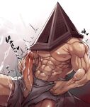  1boy abs bara chan_kuro_(azsdi4e) cowboy_shot cum ejaculation helmet highres large_pectorals male_focus male_masturbation masturbation muscular muscular_male navel nipples pants penis projectile_cum pyramid_head shirtless silent_hill_2 solo stomach testicles thighs torn_clothes torn_pants veins veiny_penis 