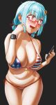  1girl american_flag_bikini apple_watch bikini blue_hair blush borrowed_character breasts cellphone chibi chibi_inset cleavage collarbone commentary_request embarrassed eyebrows_visible_through_hair flag_print glasses grey_background hair_ornament hair_ribbon hairclip hamburger-chan_(nekoume) heavy_breathing highres holding holding_phone huge_breasts legs_together low_twintails muffin_top navel nose_blush open_mouth original phone plump red-framed_eyewear ribbon semi-rimless_eyewear side-tie_bikini skindentation smartphone smartwatch solo spaghetti_strap standing swimsuit textless trembling twintails under-rim_eyewear underboob zuriagemaki 