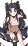  1girl :d bangs bare_shoulders bikini black_hair black_legwear black_panties black_ribbon breasts cleavage collarbone detached_sleeves earrings eyebrows_visible_through_hair fate/grand_order fate_(series) feet_out_of_frame from_above grin hair_ribbon heavenly_boat_maanna highres hoop_earrings ishtar_(fate) ishtar_(fate)_(all) jewelry long_hair looking_at_viewer looking_up medium_breasts mismatched_bikini monon navel open_mouth panties parted_bangs red_eyes ribbon simple_background single_detached_sleeve single_thighhigh smile solo stomach strapless strapless_bikini swimsuit teeth thighhighs two_side_up underwear very_long_hair white_background white_bikini 