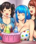  3girls =_= birthday birthday_cake birthday_party black_hair black_shirt blue_hair blue_shirt breasts cake candle closed_eyes erkaz food huge_breasts icing large_breasts medium_hair multiple_girls open_mouth original polka_dot polka_dot_shirt rina_atherina shirt teeth tongue twintails white_shirt 