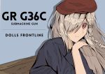  1girl beret blue_shirt braid character_name copyright_name cover english_text eyebrows_visible_through_hair g36c_(girls_frontline) girls_frontline hair_over_eyes hat highres i_rikky long_hair magazine_cover one_eye_covered platinum_blonde_hair red_eyes shirt simple_background solo_focus 
