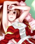  1girl after_sex armpits arms_up bangs brown_hair commentary cross dress dress_removed eyebrows_visible_through_hair high_priest_(ragnarok_online) juliet_sleeves long_hair long_sleeves looking_at_viewer lying nude on_back on_bed open_mouth pillow puffy_sleeves ragnarok_online red_dress red_eyes sash sengoku_esuji solo two-tone_dress upper_body white_dress white_sash 