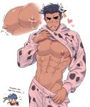  2boys abs absurdres animal_ears animal_print bandaid bandaids_on_nipples bara bare_pecs blush bulge chibi chibi_inset chinese_zodiac cow_boy cow_ears cow_horns cow_print cowboy_shot english_text fire_emblem heart highres hood hoodie horns ike_(fire_emblem) lactation large_pectorals lifted_by_self little_mac looking_at_viewer male_focus male_lactation manboobs milkiato multiple_boys muscular muscular_male navel nipples pants pants_pull pasties pink_hoodie pink_pants shirt_lift short_hair solo_focus stomach twitching year_of_the_ox 