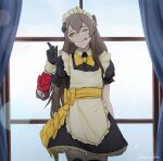  1girl :q apron bangs bow bowtie brown_hair darkpulsegg girls_frontline grey_hair highres long_hair looking_at_viewer maid maid_apron maid_headdress one_side_up petticoat scar scar_across_eye smile solo thighhighs tongue tongue_out ump45_(girls_frontline) yellow_eyes yellow_neckwear 
