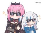  2girls bangs blue_hair breasts cleavage commentary english_commentary eyebrows_visible_through_hair gawr_gura hololive hood hoodie kukie-nyan long_hair looking_at_viewer mori_calliope multicolored_hair multiple_girls pink_hair smile streaked_hair sunglasses tiara veil virtual_youtuber 