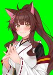  1girl :3 absurdres ahoge animal_ears blush breasts brown_eyes brown_hair cat_ears closed_mouth eyebrows_visible_through_hair fumi_(nijisanji) green_background highres japanese_clothes large_breasts lips long_hair long_sleeves looking_at_viewer miko nijisanji ponytail sidelocks simple_background smile solo tonarikeru upper_body virtual_youtuber 