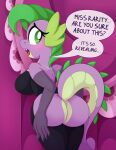  absurd_res anthro big_breasts big_butt blush breasts butt crossgender dialogue dragon female friendship_is_magic hi_res looking_back my_little_pony pearlyiridescence rear_view solo spike_(mlp) 