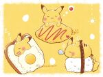  :3 artist_name blush bread closed_eyes closed_mouth commentary food fried_egg gen_1_pokemon highres lying no_humans nose_bubble omurice on_side pikachu pokemon pokemon_(creature) rice signature sleeping smile temariame14 thought_bubble zzz 