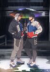  2boys absurdres alternate_costume bara baseball_cap beanie beard black_hair black_jacket black_shorts bulge contemporary couple eye_contact facial_hair full_body glaz_(rainbow_six_siege) goatee grey_pants hat hat_under_hood highres holding holding_umbrella hood hoodie jacket kapkan_(rainbow_six_siege) leggings levasoj lgbt_pride looking_at_another male_focus mature_male multiple_boys muscular muscular_male pants rain rainbow_gradient rainbow_six_siege shoes short_hair shorts smile sneakers stubble track_jacket track_pants umbrella white_hoodie yaoi 