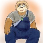  2021 anthro blush brown_body brown_fur clothing eyewear fur glasses hi_res humanoid_hands kemono male mammal overalls overweight overweight_male shirt sitting solo strawhat tokyo_afterschool_summoners topwear ursid video_games volos yaki_atsuage 