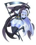  1girl ahoge black_sclera blue_skin blush breasts colored_sclera colored_skin disembodied_head dullahan full_body gauntlets greaves holding_head huge_ahoge lala_(monster_musume) large_breasts long_hair monster_girl monster_musume_no_iru_nichijou official_art okayado scythe simple_background skirt solo thigh_gap thighhighs very_long_hair white_background white_hair white_skirt yellow_eyes zettai_ryouiki 