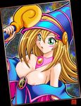  areola_slip areolae blonde_hair breasts card_(medium) dark_magician_girl duel_monster green_eyes large_breasts long_hair nipple_slip nipples pentacle solo toushi_ryoku wardrobe_malfunction yuu-gi-ou yuu-gi-ou_duel_monsters 