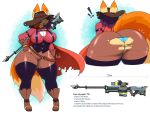  ! absurd_res anthro big_breasts big_butt breasts butt canid canine cleavage clothed clothing female fox gun hand_on_hip hi_res huge_butt jhenightfox julie_(jhenightfox) mammal panties ranged_weapon rifle simple_background solo thick_thighs torn_clothing underwear weapon white_background wide_hips 