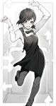  1girl absurdres apron arms_up arrow_(symbol) bangs black_hair black_neckwear bow bowtie chainsaw_man crying dance_pad dancing formal greyscale hair_ornament hair_strand hairclip higashiyama_kobeni highres leg_up long_sleeves looking_down medium_hair messy_hair mole mole_under_eye mole_under_mouth monochrome open_mouth outside_border pants raised_eyebrows shirt shoes short_hair short_ponytail solo st_(youx1119) standing tears unhappy white_shirt 