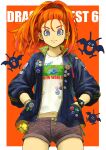  absurdres alternate_costume barbara_(dq6) blue_eyes buttons closed_mouth contemporary dragon_quest dragon_quest_vi drakee earrings ebiten_(ebi10d) hands_in_pockets high_ponytail highres jacket jewelry long_sleeves looking_at_viewer monster orange_hair shirt shorts slime_(dragon_quest) smile t-shirt watch wristwatch 
