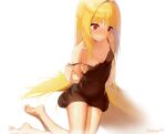  1girl bangs barefoot black_dress blonde_hair blush breasts cleavage closed_mouth collarbone dohyuni818 dress eyebrows_visible_through_hair hair_intakes highres konjiki_no_yami long_hair off_shoulder red_eyes shiny shiny_hair short_dress simple_background sitting sleeveless sleeveless_dress small_breasts soles solo to_love-ru twitter_username undressing very_long_hair white_background 