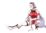  1girl animal_ears armband bangs breasts brown_headwear foxyrain full_body gloves gold_ship highres horse_ears horse_tail large_breasts long_hair looking_to_the_side red_eyes silver_hair simple_background sleeveless solo stretch tail thighs umamusume very_long_hair white_background white_footwear white_gloves white_legwear 