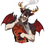  2021 anthro antlers bypbap clothed clothing clothing_lift dragon ear_piercing facial_piercing hi_res horn looking_at_viewer male nose_piercing piercing pubes shirt shirt_lift smile smoke solo tank_top topwear wings 