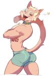  2020 anthro bedroom_eyes big_butt bottomwear butt bypbap clothed clothing collar effie_(bypbap) felid feline hi_res male mammal narrowed_eyes open_mouth seductive shorts smile solo standing tongue tongue_out topless 