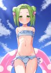  1girl absurdres arms_behind_back bare_shoulders bear_hair_ornament bikini blue_bikini blue_hairband blue_sky blush bow closed_mouth cloud collarbone day double_bun forehead frilled_bikini frills green_eyes green_hair groin hair_bow hair_ornament hairband highres innertube morinaka_kazaki nijisanji outdoors pink_bow polka_dot sidelocks sky smile solo standing strapless strapless_bikini swimsuit thigh_gap twintails virtual_youtuber yotsugi 