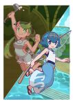  2girls arm_up bangs bare_arms blue_eyes blue_hair blue_pants bright_pupils clenched_hand closed_mouth commentary eyebrows_visible_through_hair eyelashes fishing_rod flip-flops flower green_eyes green_footwear green_hair hair_flower hair_ornament hairband highres holding holding_fishing_rod holding_ladle ladle lana_(pokemon) light_blush long_hair looking_at_viewer mallow_(pokemon) multiple_girls one-piece_swimsuit overalls pants pokemon pokemon_(game) pokemon_sm rudosan sailor_collar sandals shirt shoes short_hair sleeveless sleeveless_shirt smile swept_bangs swimsuit swimsuit_under_clothes tongue tongue_out trial_captain twintails water yellow_hairband 
