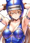  1girl armlet armpits arms_behind_head arms_up bangs bare_shoulders blue_armor blush breasts brown_eyes brown_gloves brown_hair cleavage collarbone daisy_(dq) dragon_quest dragon_quest_yuusha_abel_densetsu gloves helmet highres horned_helmet large_breasts long_hair looking_at_viewer shouji_nigou 