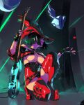  1girl black_hair boots breasts electric_guitar fingerless_gloves gloves guilty_gear guitar hat heart highres i-no instrument jacket leather no_bra open_mouth optionaltypo red_headwear red_jacket red_leather smile speaker stage thigh_boots thighhighs underboob witch_hat 