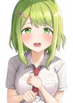  1girl absurdres bangs blush bow bra bra_through_clothes breasts collarbone collared_shirt eyebrows_visible_through_hair green_eyes green_hair hair_bow hair_ornament hairclip hands_up highres looking_at_viewer medium_breasts morinaka_kazaki necktie nijisanji open_mouth pink_bow pink_bra red_neckwear see-through shirt short_sleeves simple_background solo sweat underwear upper_body virtual_youtuber white_background white_shirt yotsugi 