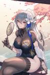 1girl absurdres azur_lane bangs black_legwear blue_dress breasts china_dress chinese_clothes cleavage crossed_legs dress eyebrows_visible_through_hair fan flower gloves grey_hair hair_flower hair_ornament hair_ribbon highres holding holding_fan large_breasts long_hair looking_at_viewer mole mole_under_eye official_alternate_costume red_eyes ribbon saint-louis_(alluring_administrator)_(azur_lane) saint-louis_(azur_lane) sheer_clothes sheer_gloves sheer_legwear sitting smile solo thighhighs thighs tree yun_(user367624) 