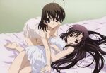  2girls absurdres ahoge all_fours barefoot bed bed_sheet black_eyes black_hair breasts brown_eyes brown_hair camisole cleavage downblouse hanging_breasts highres katsura_kotonoha long_hair multiple_girls official_art saionji_sekai scan school_days 