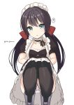  1girl :o ? azur_lane bangs black_dress black_hair black_legwear boots bow breasts dress eyebrows_visible_through_hair feet_out_of_frame frilled_dress frills glasgow_(azur_lane) grey_footwear hair_between_eyes hair_bow highres knees_up long_hair looking_at_viewer low_twintails maid maid_headdress medium_breasts ochinsama panties parted_lips puffy_short_sleeves puffy_sleeves red_bow short_sleeves simple_background solo spoken_question_mark squatting thighhighs thighhighs_under_boots twintails twitter_username underwear very_long_hair white_background white_panties 