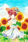  1girl aqua_bow blue_sky blush bow brown_hair cloud cloudy_sky collared_dress copyright_request dress eyebrows_visible_through_hair feet_out_of_frame flower hat hat_bow highres leaf long_hair looking_at_viewer mojacookie red_eyes signature sky sleeveless sleeveless_dress solo sunflower twintails white_dress yellow_flower 