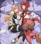  2girls ass bangs bare_shoulders bed black_gloves black_legwear blonde_hair blush breasts chest_jewel earrings elbow_gloves fingerless_gloves gem gloves headpiece highres jewelry large_breasts long_hair looking_at_viewer multiple_girls mythra_(xenoblade) oliver_koito pantyhose pyra_(xenoblade) red_eyes red_hair red_legwear red_shorts short_hair short_shorts shorts smash_invitation smile super_smash_bros. swept_bangs thigh_strap thighhighs tiara very_long_hair white_gloves xenoblade_chronicles_(series) xenoblade_chronicles_2 yellow_eyes 