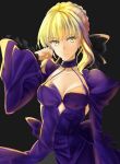  1girl absurdres adjusting_hair artoria_pendragon_(all) back_bow bangs black_background black_bow blonde_hair bow breasts choker cleavage closed_mouth collarbone eyebrows_visible_through_hair fate/stay_night fate_(series) floating_hair frilled_sleeves frills hair_between_eyes hair_bow highres long_sleeves looking_at_viewer medium_breasts purple_bow purple_choker saber_alter short_hair_with_long_locks shrug_(clothing) solo upper_body wide_sleeves yellow_eyes yuki_hikari 