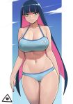  1girl arm_behind_back ass_visible_through_thighs bare_shoulders bikini blue_bikini blue_sky breasts closed_mouth cloud collarbone commentary covered_nipples donburi_(donburikazoku) highres large_breasts long_hair multicolored_hair nail_polish navel panty_&amp;_stocking_with_garterbelt pink_hair purple_nails shiny shiny_hair sky solo standing stocking_(psg) swimsuit thigh_gap thighs two-tone_hair 