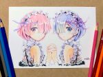  2girls black_ribbon blue_eyes blue_hair colored_pencil_(medium) frills hair_ornament hair_over_one_eye hairclip highres holding_hands maid mojacookie multiple_girls photo_(medium) pink_eyes pink_hair ram_(re:zero) re:zero_kara_hajimeru_isekai_seikatsu rem_(re:zero) ribbon ribbon-trimmed_clothes ribbon_trim roswaal_mansion_maid_uniform short_hair siblings simple_background sisters traditional_media twins twitter_username white_background x_hair_ornament 