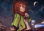  1girl absurdres arm_at_side bangs breath brown_eyes brown_hair city crescent_moon cup folded_ponytail green_jacket hair_between_eyes highres holding holding_cup inazuma_(kancolle) jacket kaamin_(mariarose753) kantai_collection looking_at_viewer moon neckerchief night outdoors red_scarf scarf school_uniform serafuku sky solo 