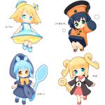  4girls :d :o aikei_ake bangs bare_arms black_capelet black_dress black_footwear black_hair black_jacket blonde_hair blue_dress blue_eyes blue_footwear blue_hair blue_headwear blue_legwear blush boots bow brown_eyes capelet chibi closed_mouth commentary_request dress eyebrows_visible_through_hair green_eyes hair_between_eyes hat head_tilt highres holding holding_spoon hood hood_down hood_up hooded_capelet hooded_jacket jacket key loafers long_sleeves looking_at_viewer mini_hat multiple_girls open_mouth orange_dress orange_footwear orange_headwear original pantyhose parted_lips personification pink_dress red_footwear shoes sidelocks simple_background sleeveless sleeveless_dress smile spoon standing standing_on_one_leg tilted_headwear translation_request white_background yellow_bow 