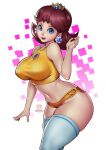  1girl artist_logo artist_name bare_shoulders blue_eyes bokuman breasts brown_hair commentary covered_nipples crop_top crown curvy dolphin_shorts earrings english_commentary eyelashes flipped_hair flower_earrings gradient gradient_background jewelry large_breasts lips long_hair looking_at_viewer makeup mario_(series) mario_golf micro_shorts midriff mini_crown navel orange_shorts parted_lips pink_lips princess_daisy reward_available shirt short_shorts shorts skindentation smile solo stomach super_mario_land taut_clothes taut_shirt thick_thighs thighhighs thighs white_legwear 